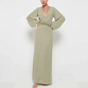 Pretty Lavish Olive Sage Green Nellie Knot Maxi Long Sleeve Dress Sz. 2 NWT!